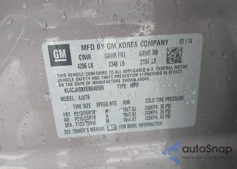 2014 Buick Encore z USA, uszkodzony, nr VIN KL4CJASBXEB646599